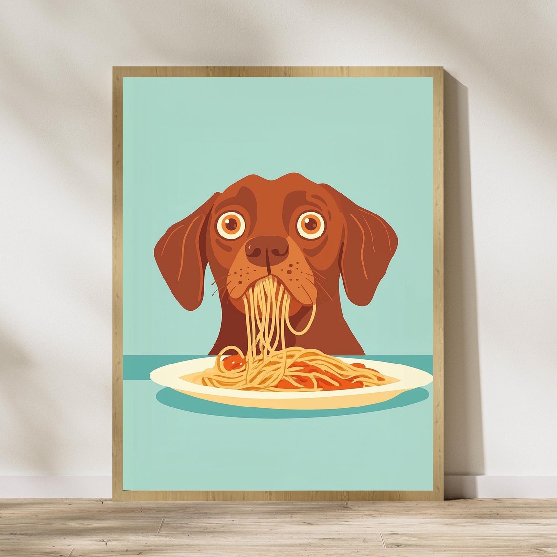 Adorable Brown Dog Slurping Spaghetti Dinner Retro Kitchen Poster