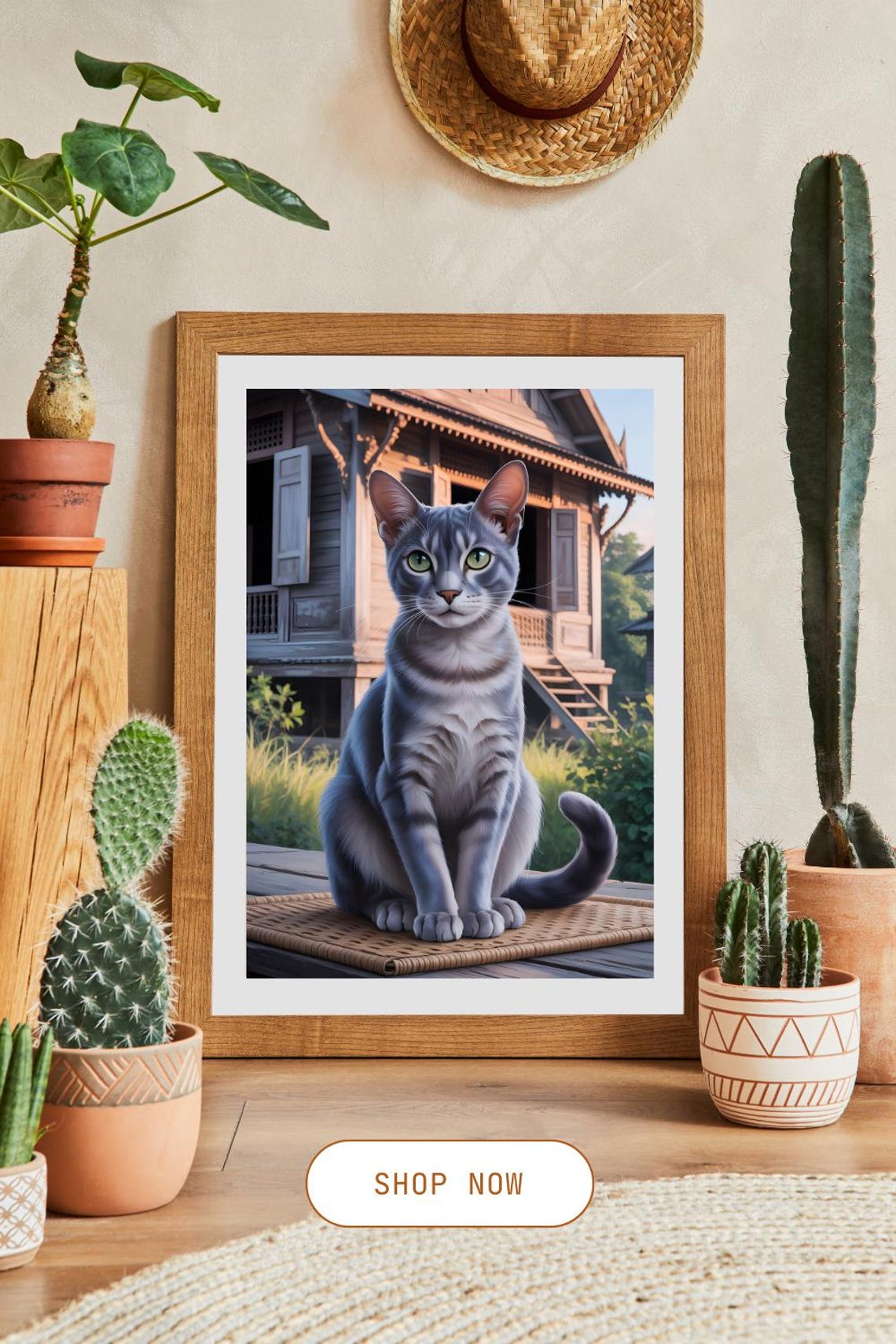 Korat Cat Portrait Thai Heritage House Background Elegant Feline Art Print