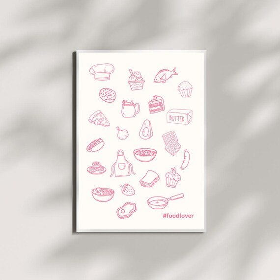 Food Lover Art Print Pink Line Kitchen Illustration