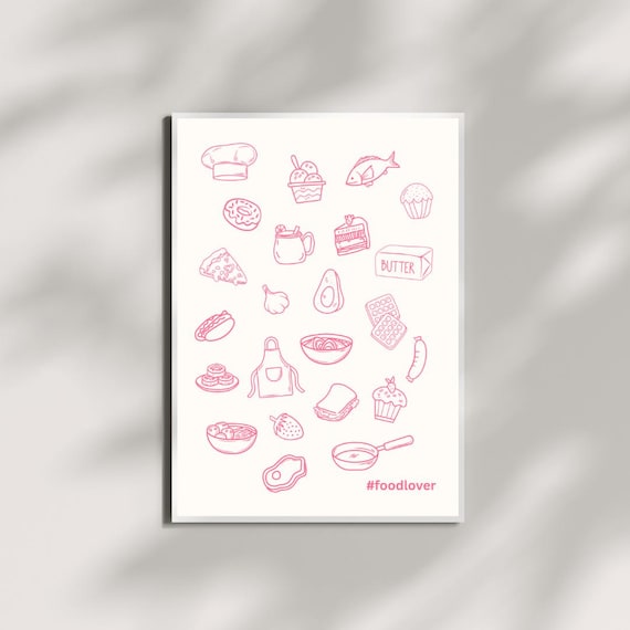 Pink Line Art Food Doodle Kitchen Illustration Foodlover Wall Art