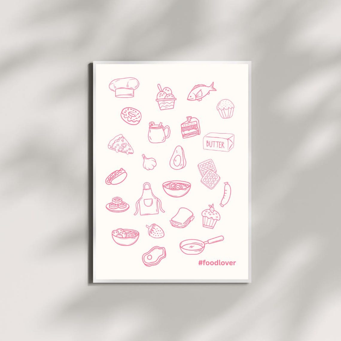 Pink Line Art Food Doodle Kitchen Illustration Foodlover Wall Art