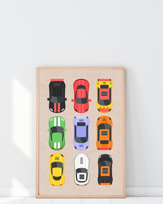 Colorful Top View Race Cars Grid Kids Boys Room Playroom Decor Poster