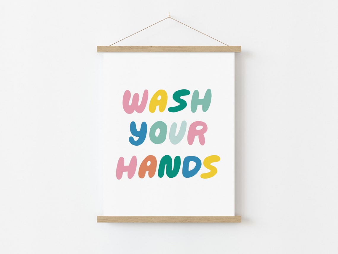Wash Your Hands Colorful Bubble Letters Kids Bathroom Fun Decor Poster - Image 2