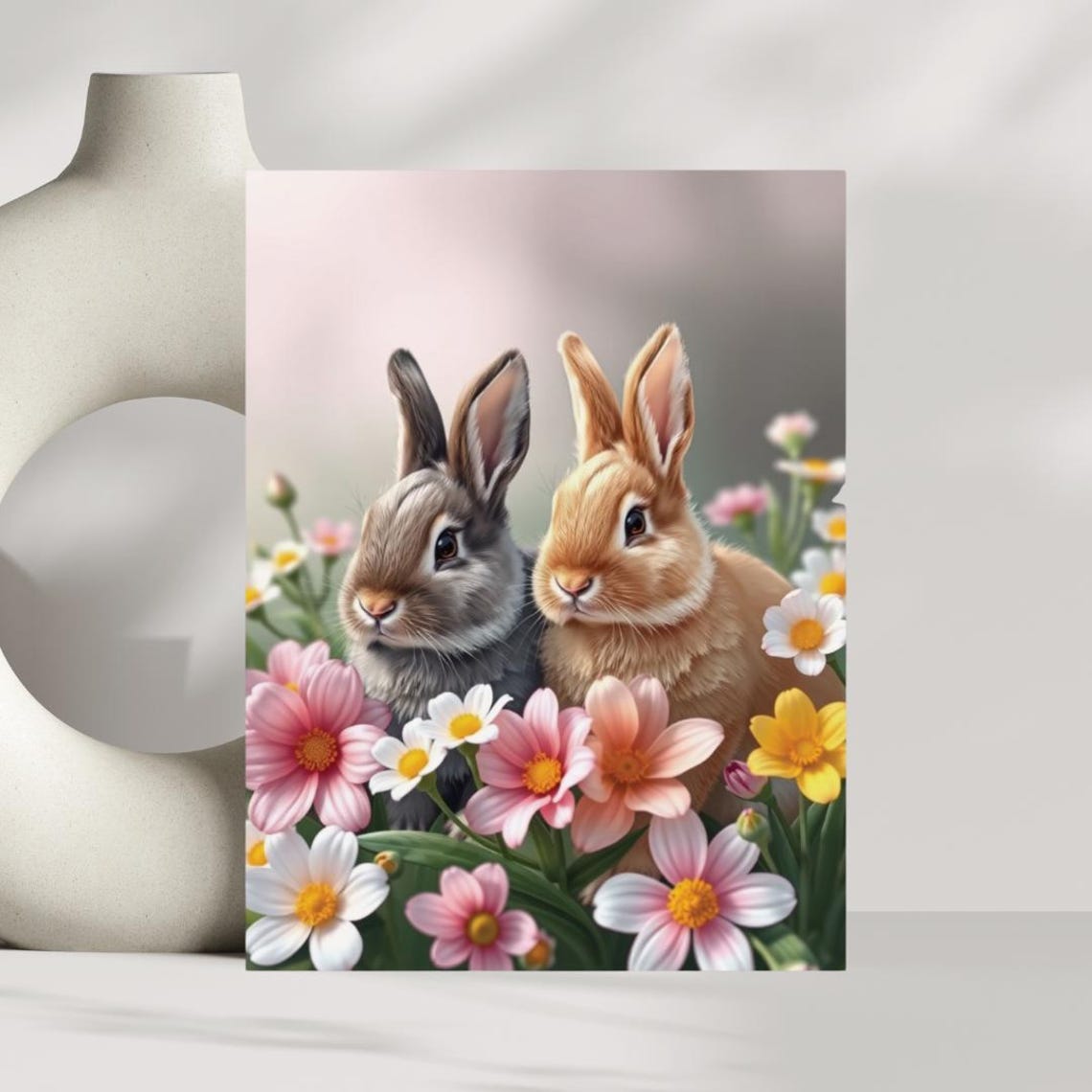 Two Baby Bunnies Spring Flowers Pastel Cute Rabbit Art Poster