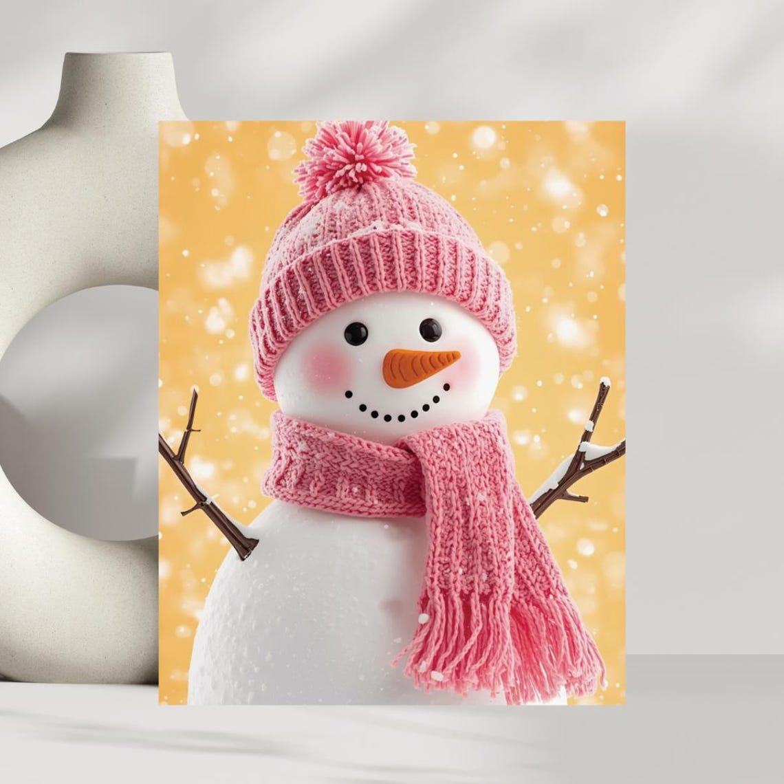 Pink Hat Snowman Christmas Winter Holiday Cheerful Cute Poster