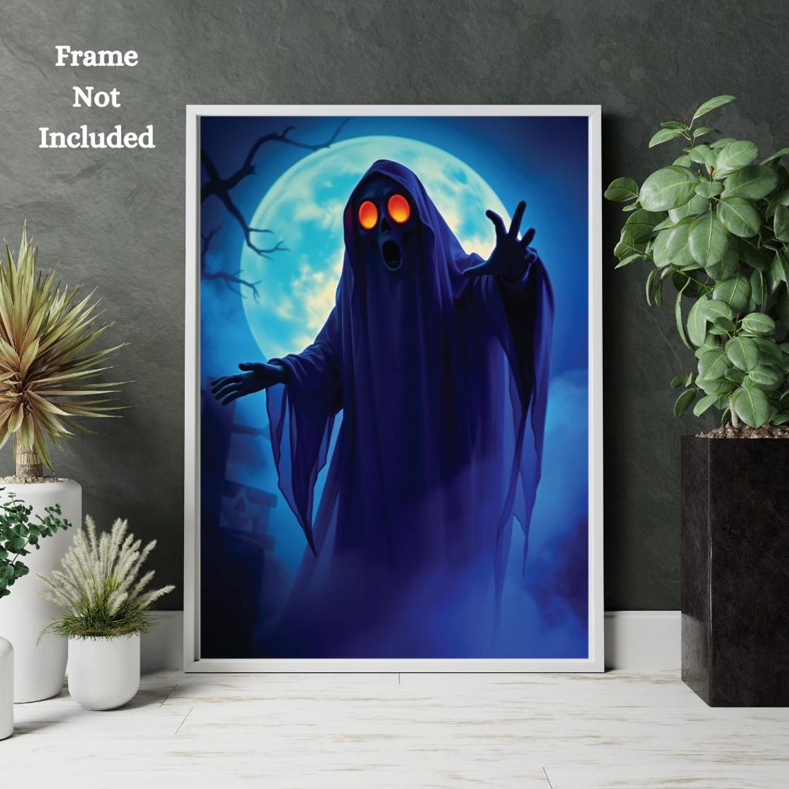 Spooky Ghost Glowing Eyes Full Moon Halloween Night Art Poster