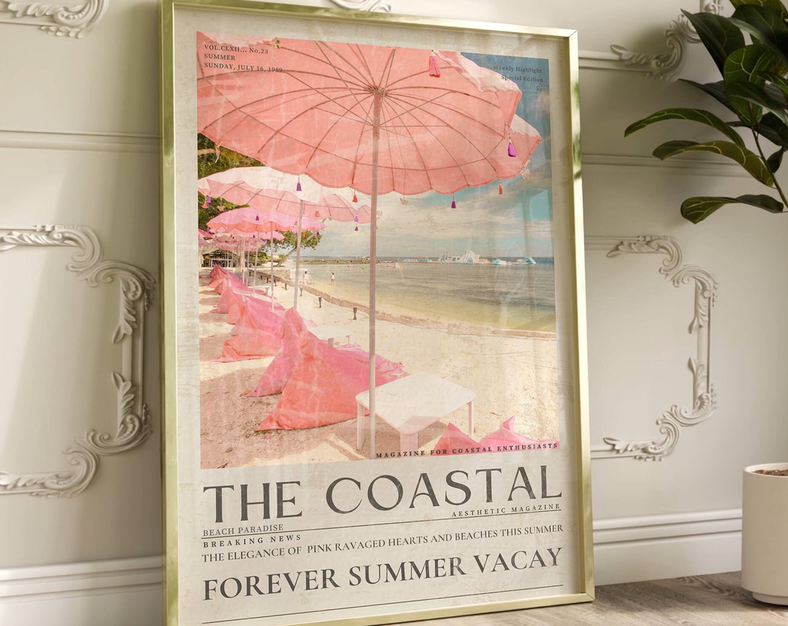 Coastal Life Newspaper Print Pinkcoastal Beach Poster Vintage Beachy Magazine Cover Wall Art Coastal Life Art Gift For College Girl - Image 3