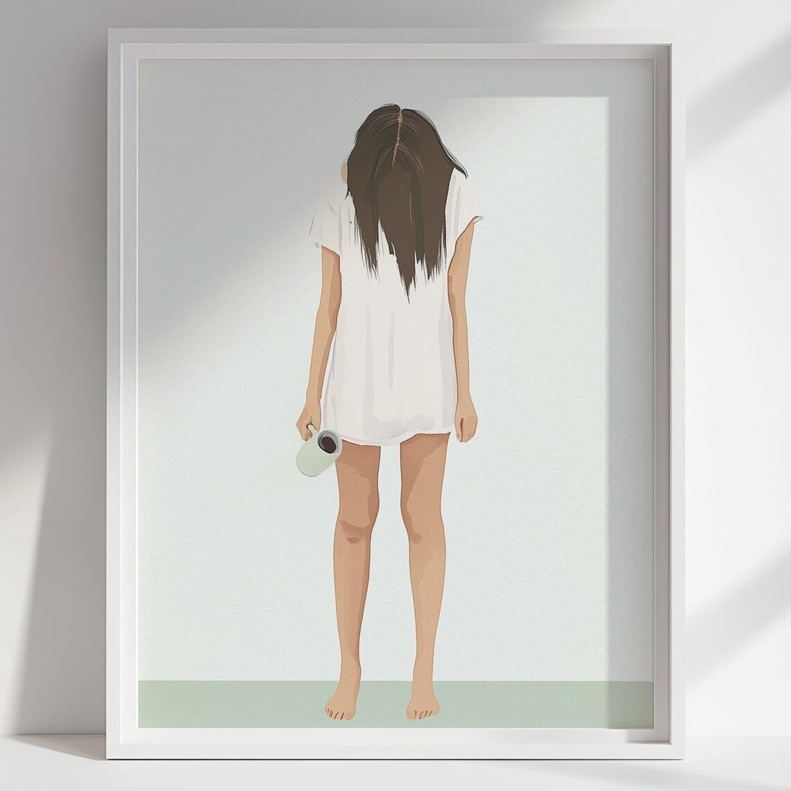 Tired Mom Morning Coffee Barefoot Woman Minimalist Art Poster