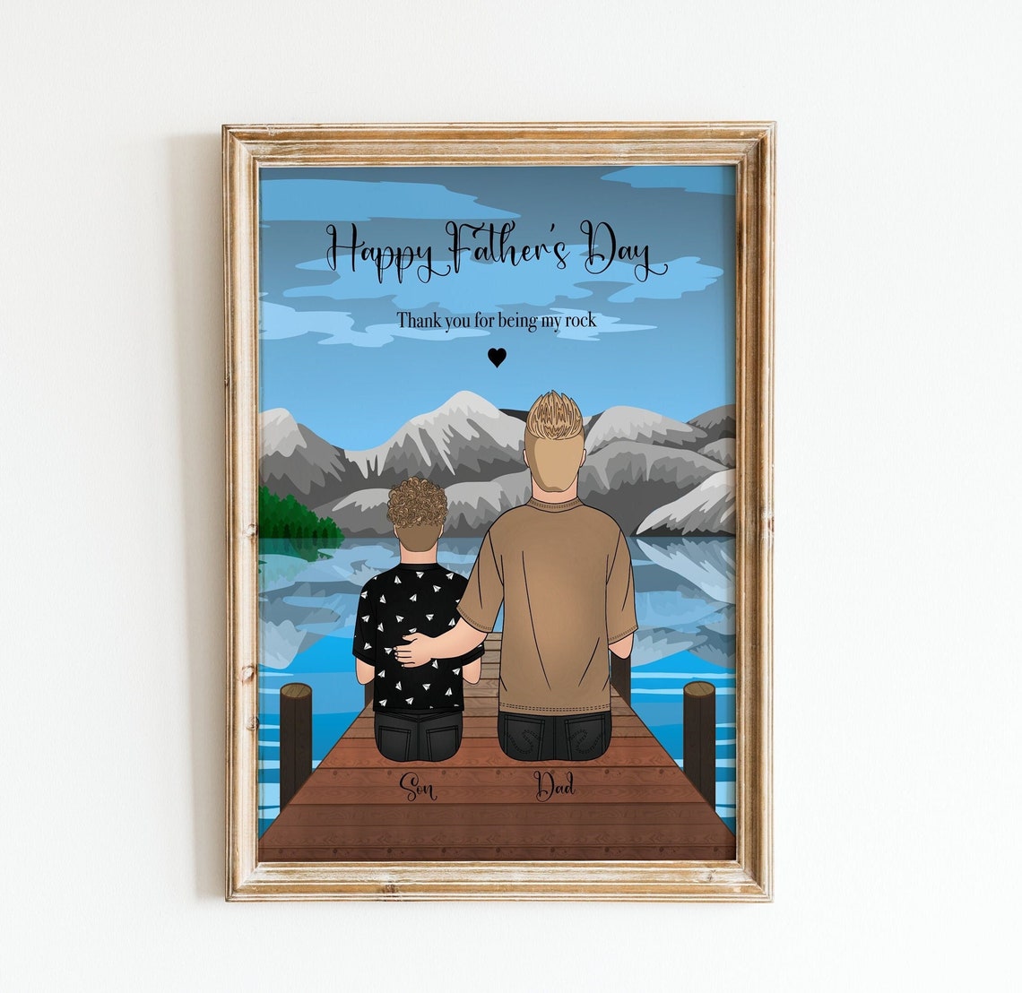 Happy Fathers Day Dad and Son on Lake Dock Custom Name Print