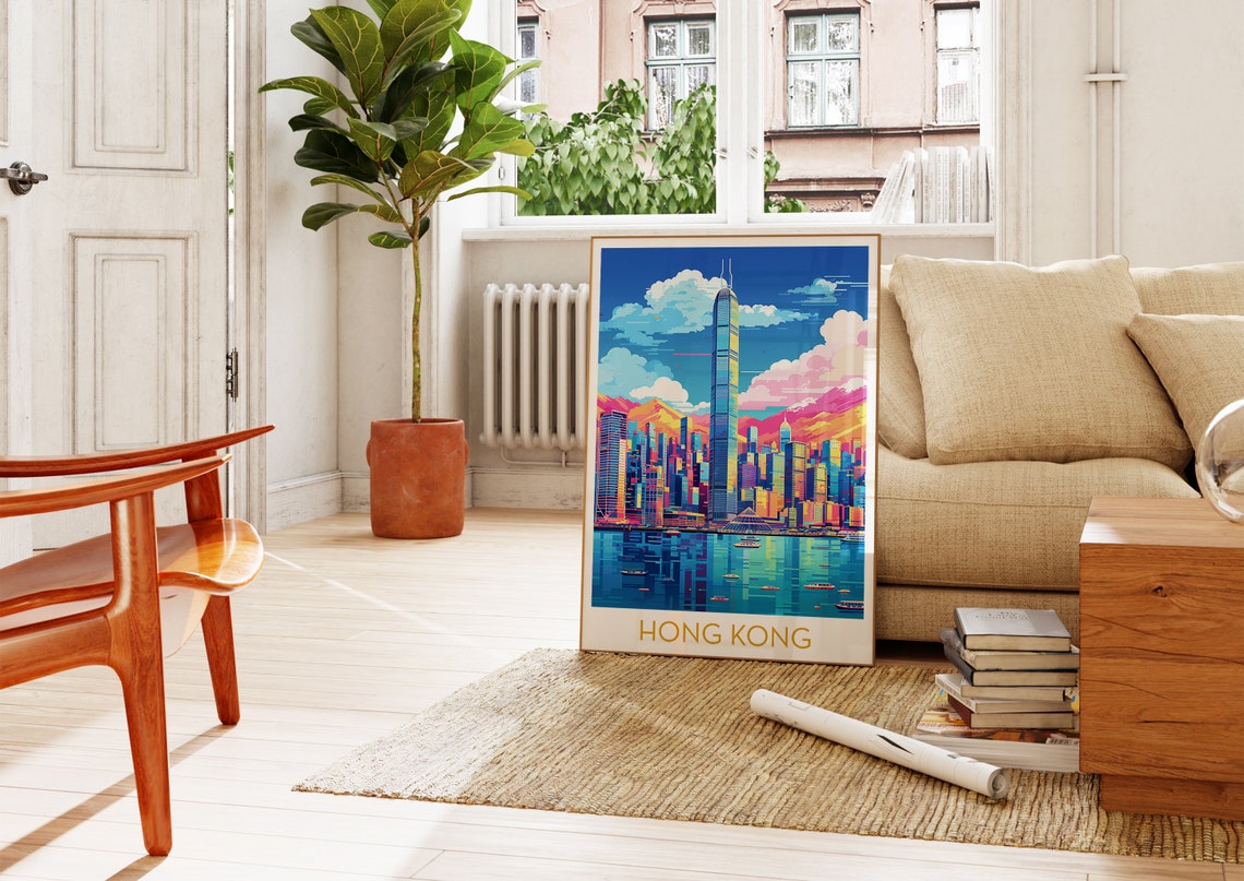 Hong Kong City Skyline Pop Art Poster with Colorful Harbor Lights - Image 4