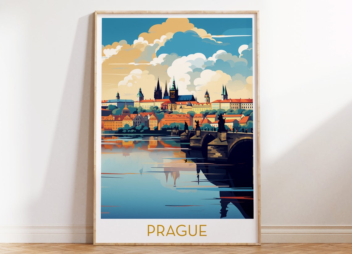 Prague Czech Republic Charles Bridge Castle Colorful Travel Poster
