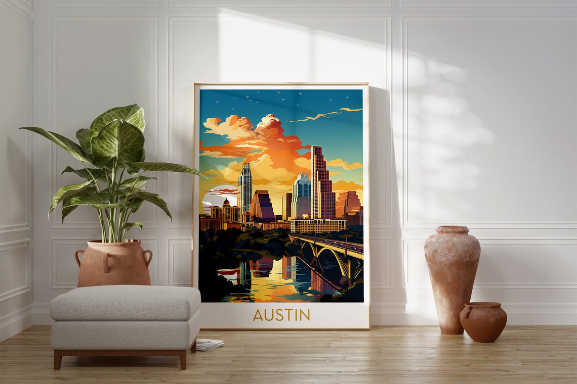 Austin Texas Downtown Sunset Skyline River Bridge City Poster - Image 2