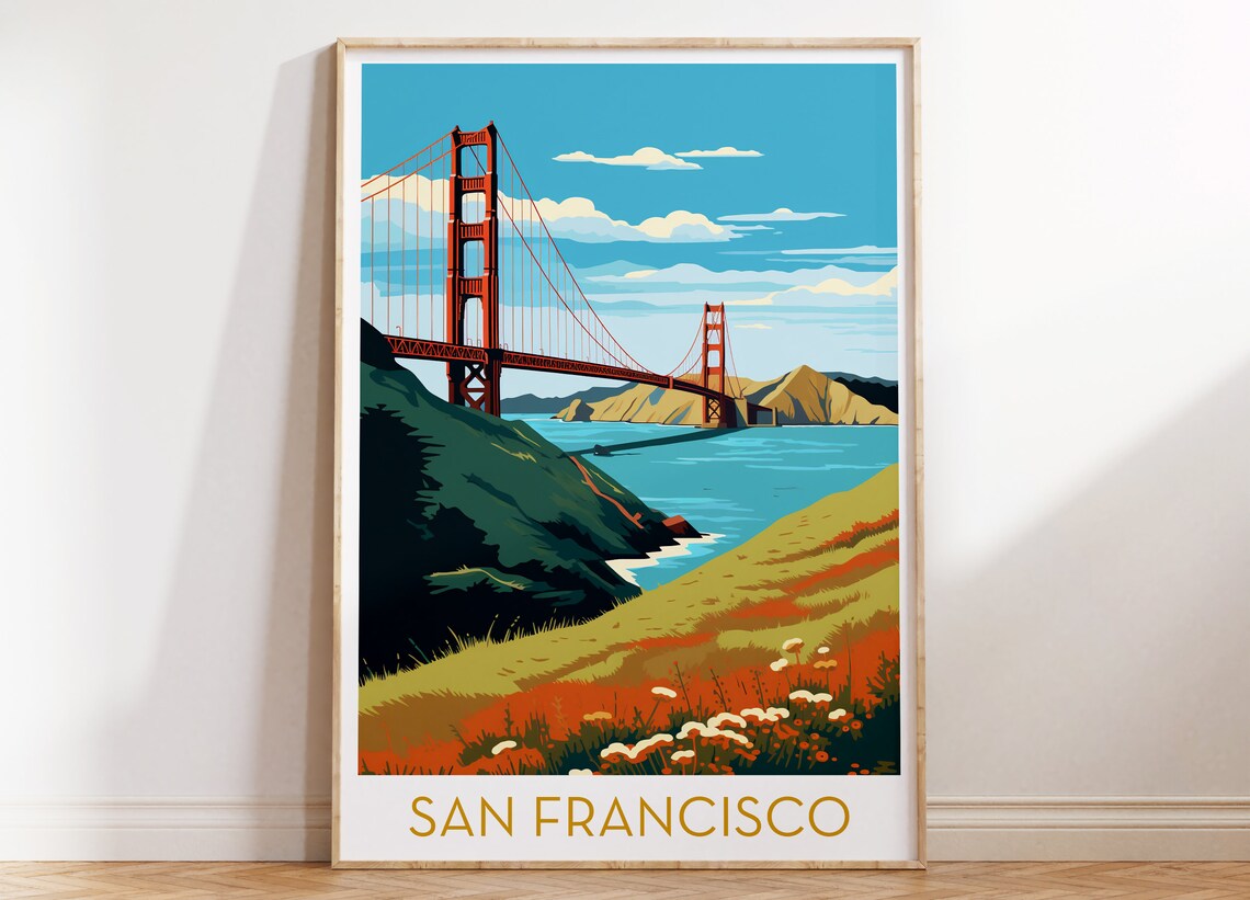 San Francisco California Poster with Golden Gate Bridge and Hills