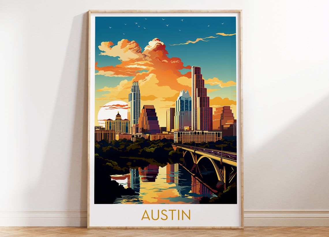 Austin Texas Downtown Sunset Skyline River Bridge City Poster