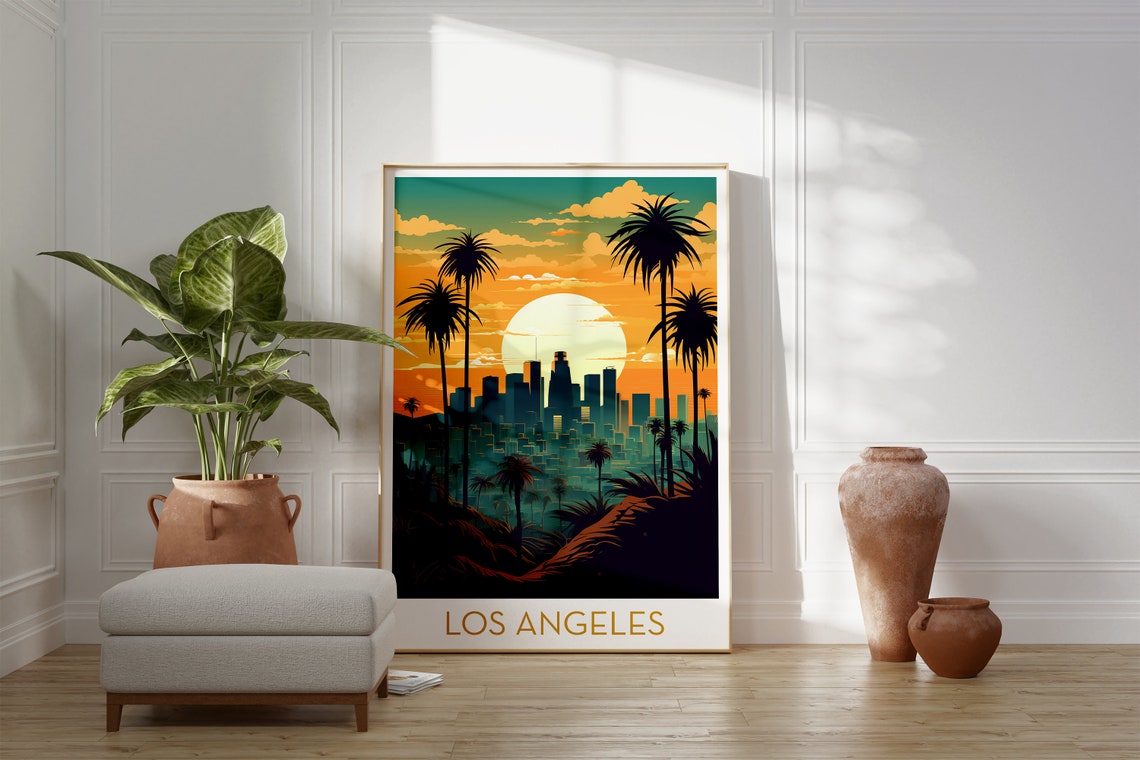 Los Angeles Golden Sunset Palms Retro Skyline Illustration Poster - Image 2