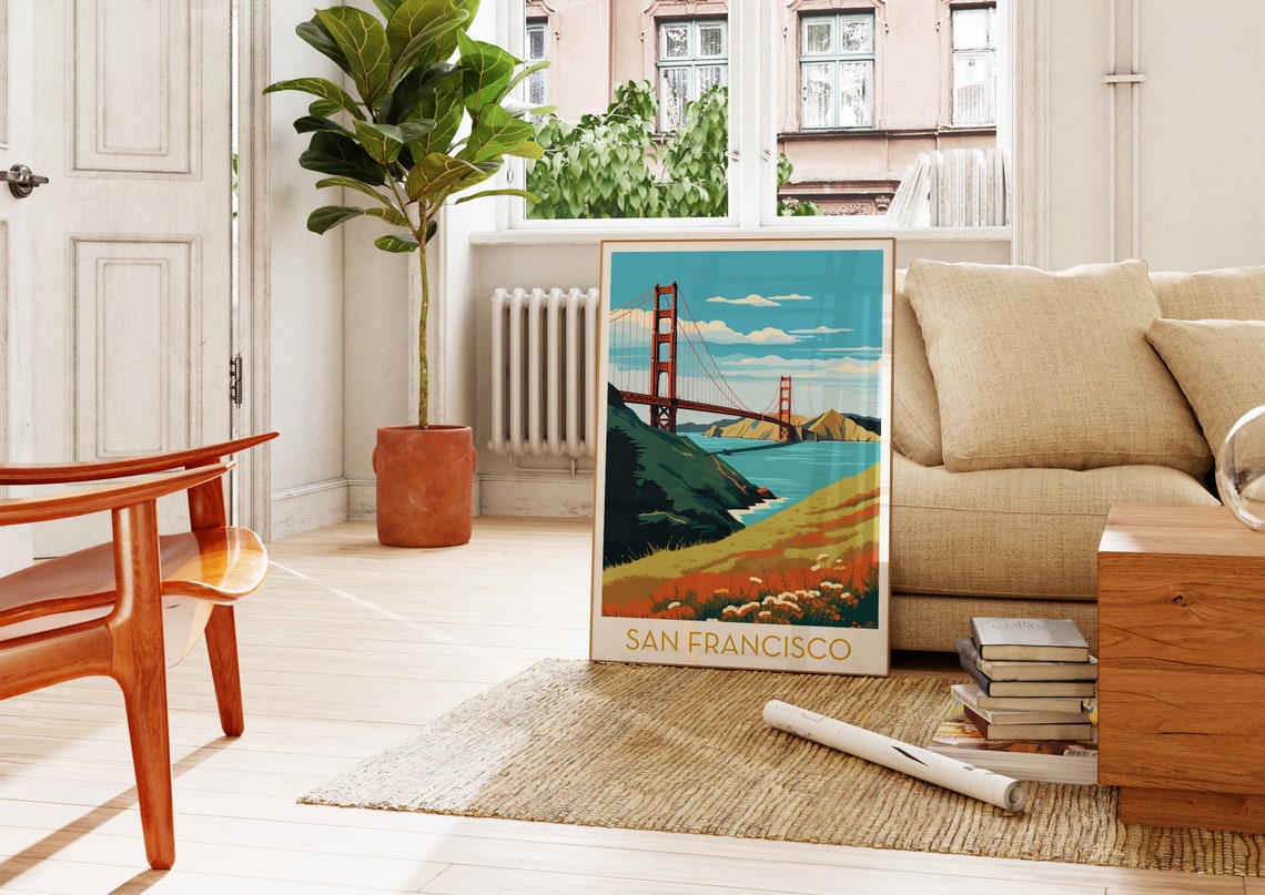 San Francisco California Poster with Golden Gate Bridge and Hills - Image 4