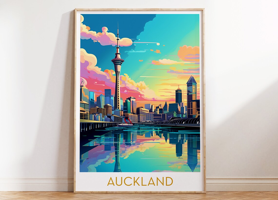 Auckland New Zealand Sky Tower Waterfront Harbor Sunset Poster