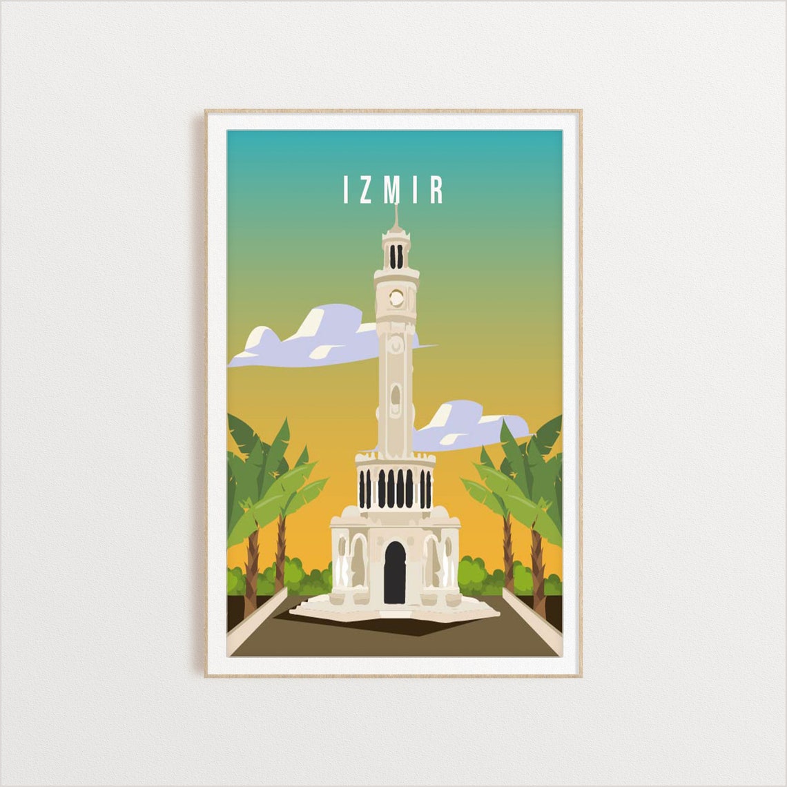 Izmir Historic Clock Tower Palm Sunset Vintage Turkey Travel Poster