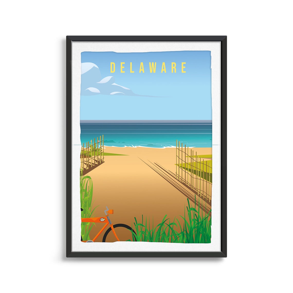 Delaware Beach Travel Poster Sand Dunes Bike Ocean Path Art Scene