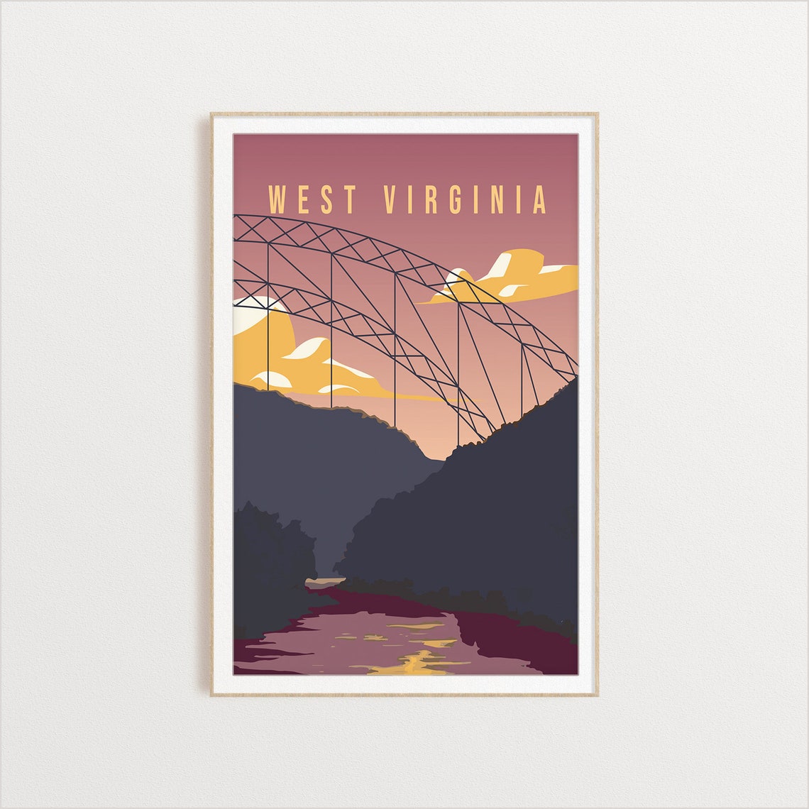West Virginia Arch Bridge Travel Poster Sunset Gorge River Art Scene - Image 2