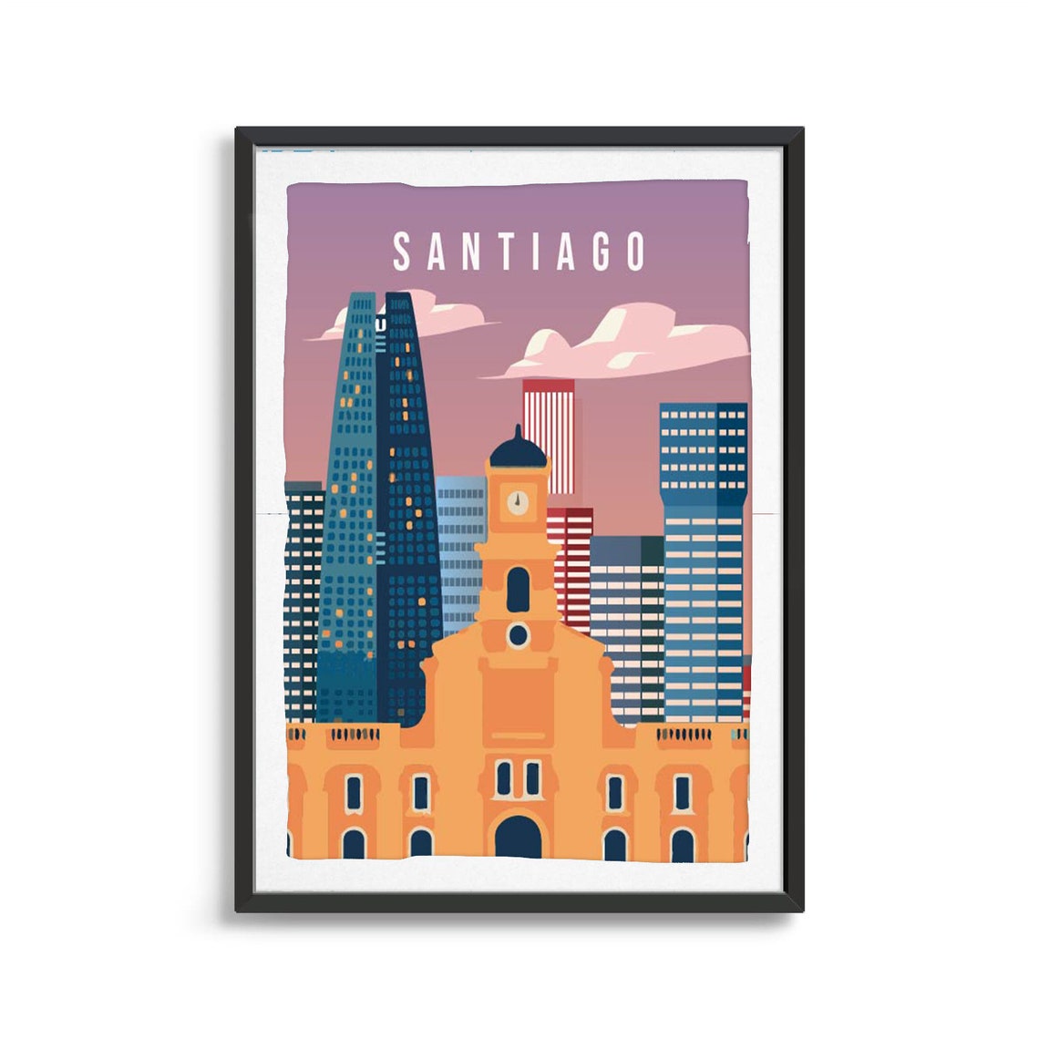 Santiago Vintage Travel Art Downtown Skyline Clock Tower Poster - Image 2