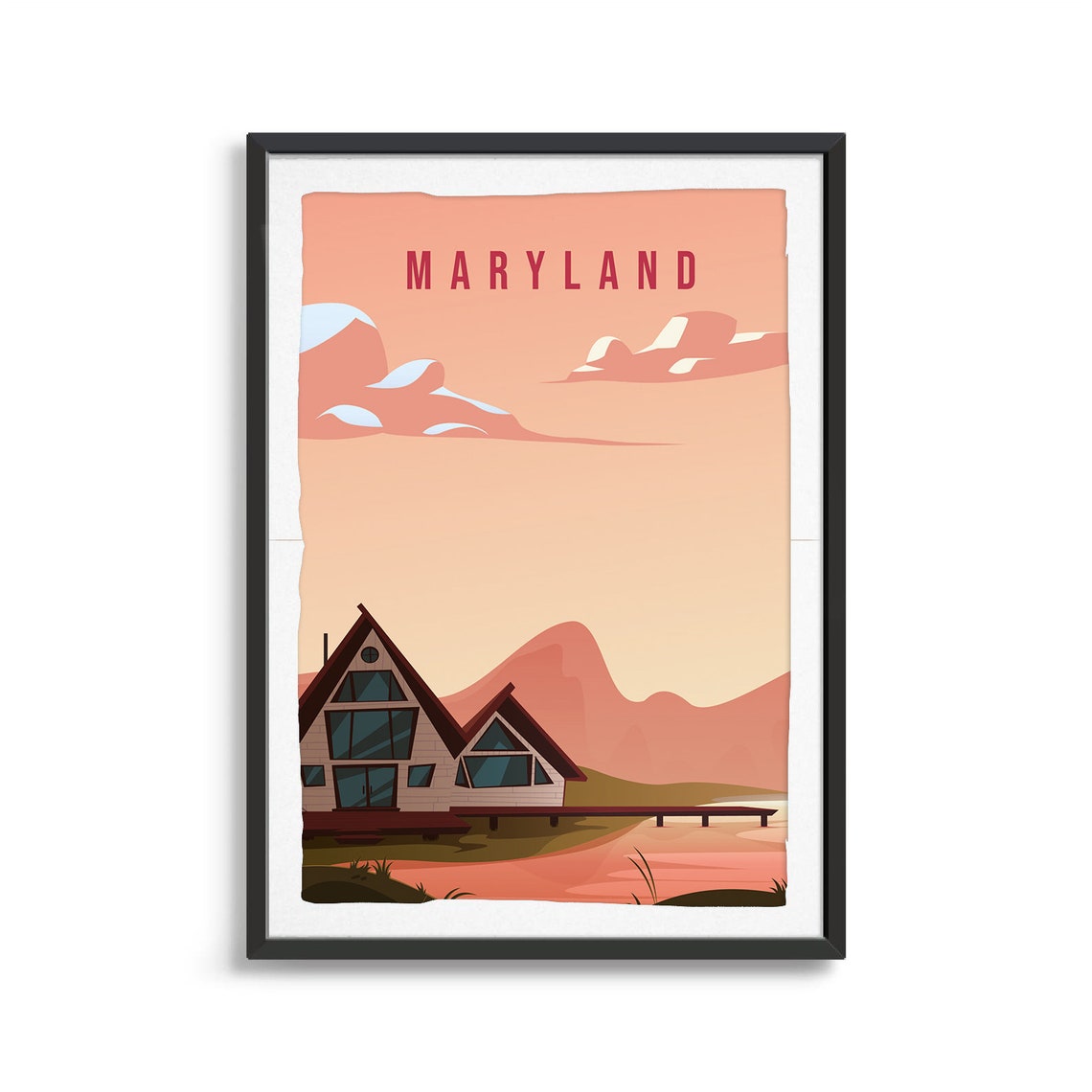 Maryland Lakeside A Frame Cabin Sunset Retro Travel Art Poster