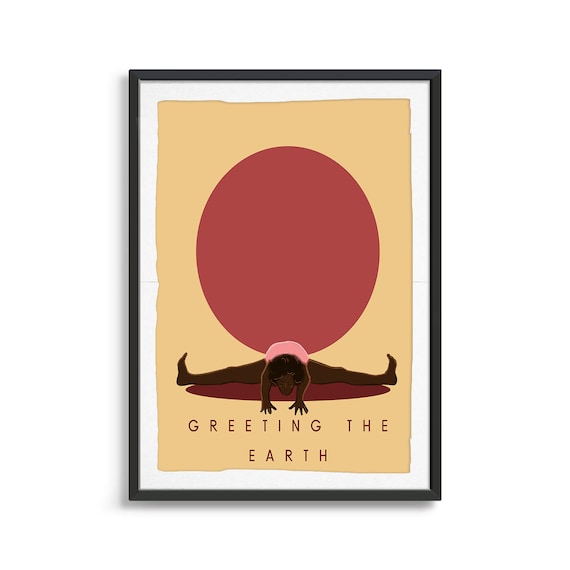 Greeting The Earth Retro Yoga Seated Stretch Sun Circle Flat Illustration Print