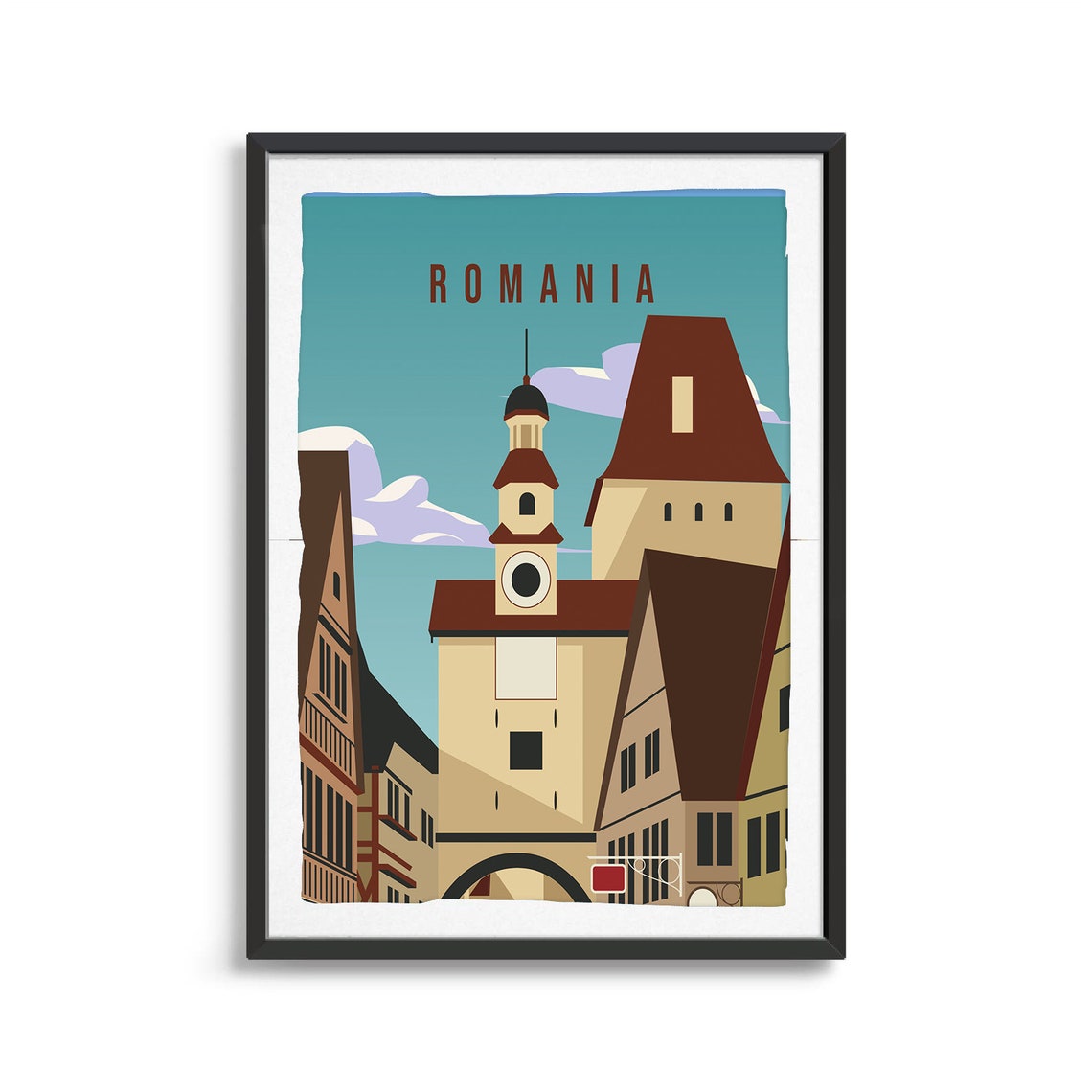 Romania Old Town Travel Poster Clock Tower Medieval Street Art