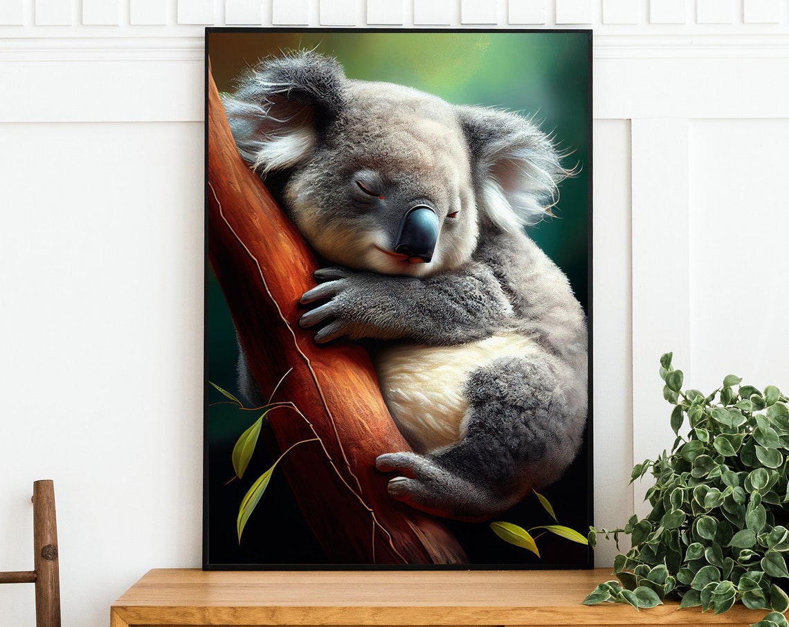 Sleepy Koala Hugging Eucalyptus Branch Cute Animal Art Poster