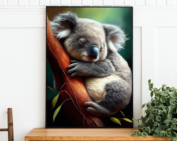 Sleepy Koala Hugging Eucalyptus Branch Cute Animal Art Poster