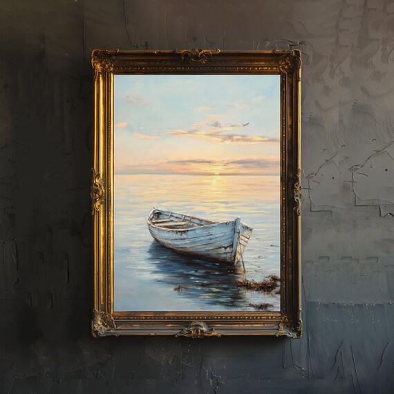 Lone Rowboat at Sunrise Calm Sea Vintage Seascape Oil Art Poster