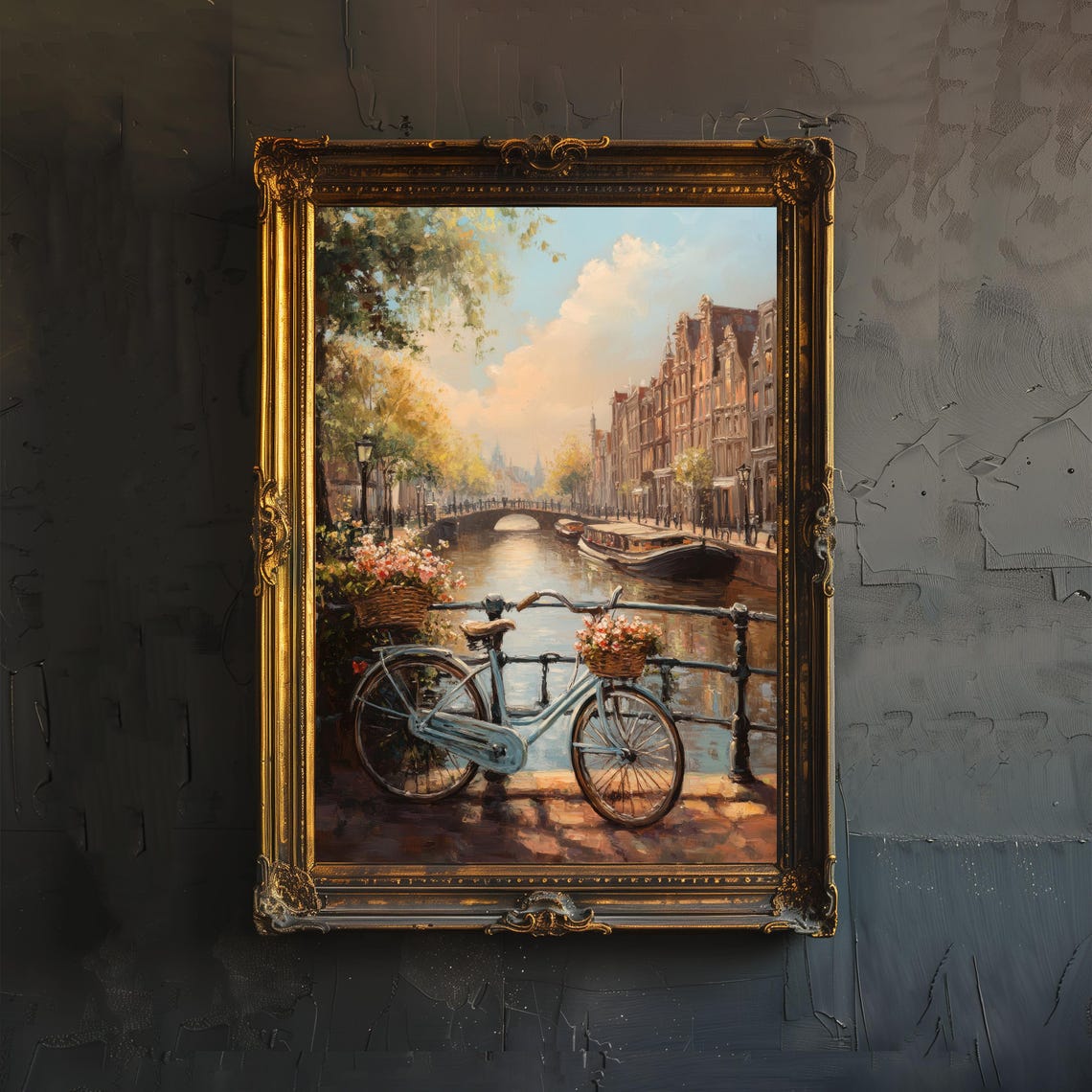 Amsterdam Canal Bicycle Flowers Vintage Cityscape Travel Art Poster