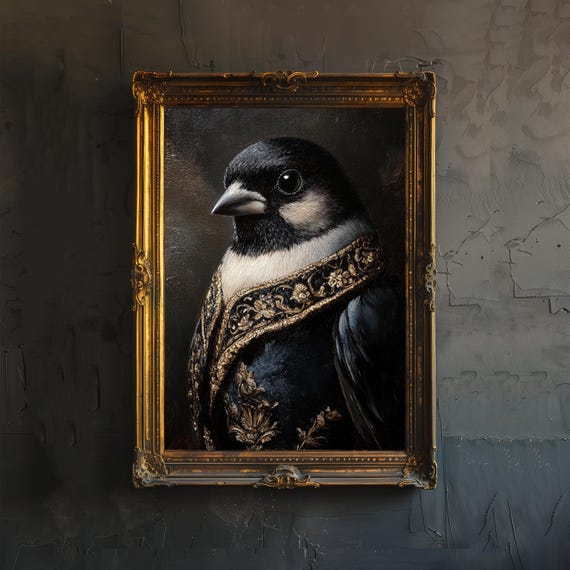 Victorian Sparrow In Suit Poster Dark Academia Art Whimsical Decor Antique Bird Illustration Vintage Wall Rustic