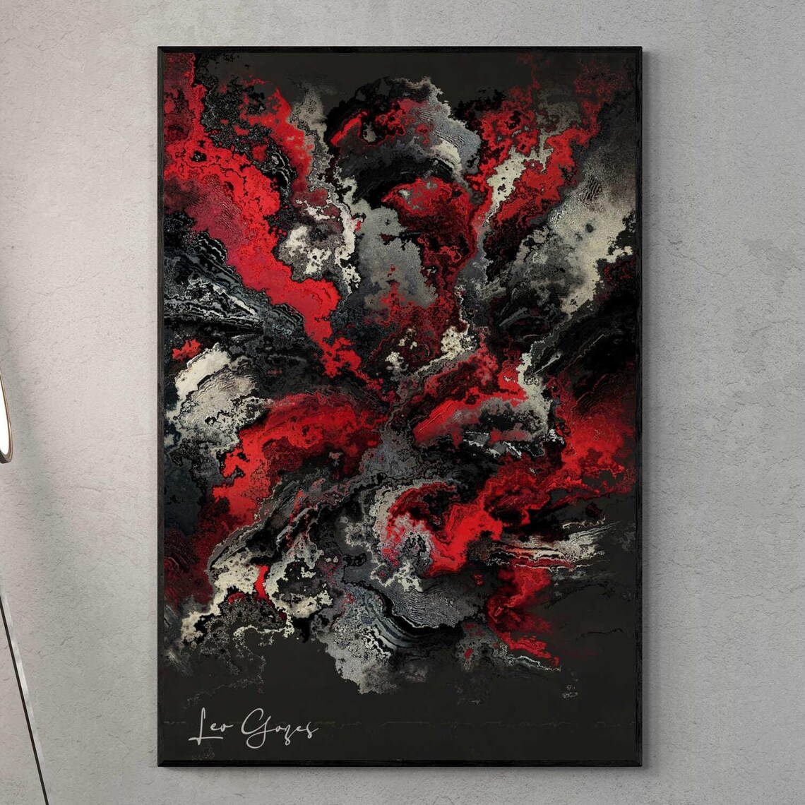 Dark Red Black and Gray Swirling Smoke Marble Abstract Art Print