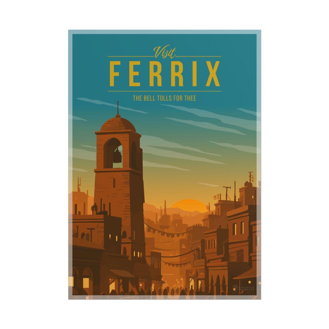 Visit Ferrix Bell Tower Retro Star Wars Travel Sunset Movie Poster