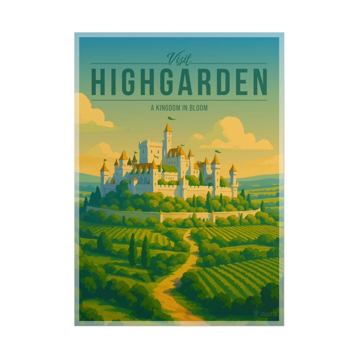 Highgarden Vintage Travel Poster Featuring a Sunlit Blooming Castle