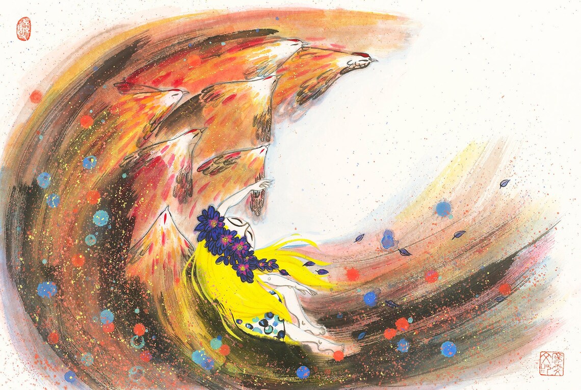 Girl and Birds in Sky, Chinese Painting Art Print