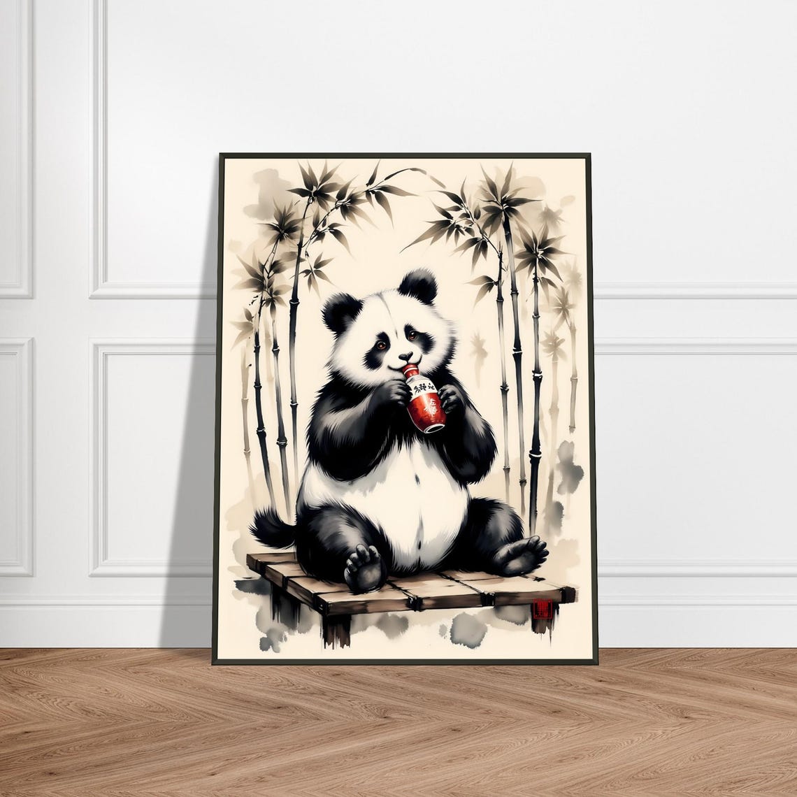 Happy Panda Drinking Bamboo Forest Japanese Ink Watercolor Poster