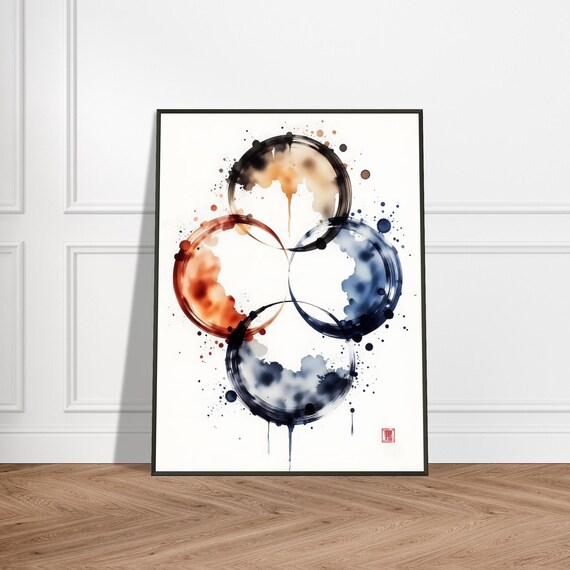 Harmony Four Watercolor Rings Blue Orange Grey Japanese Art Poster