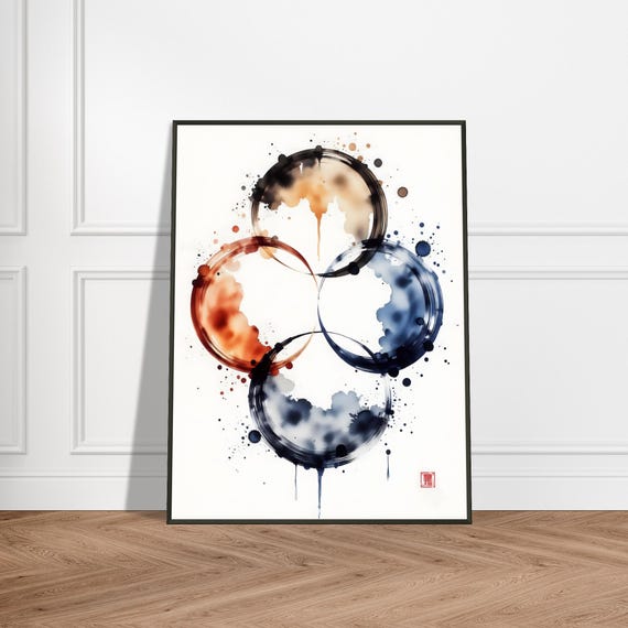 Japanese Ink Circle Harmony Metal Frame Abstract Wall Art Print Four Element Enso Design In Earthy Zen Tones For Modern Decor