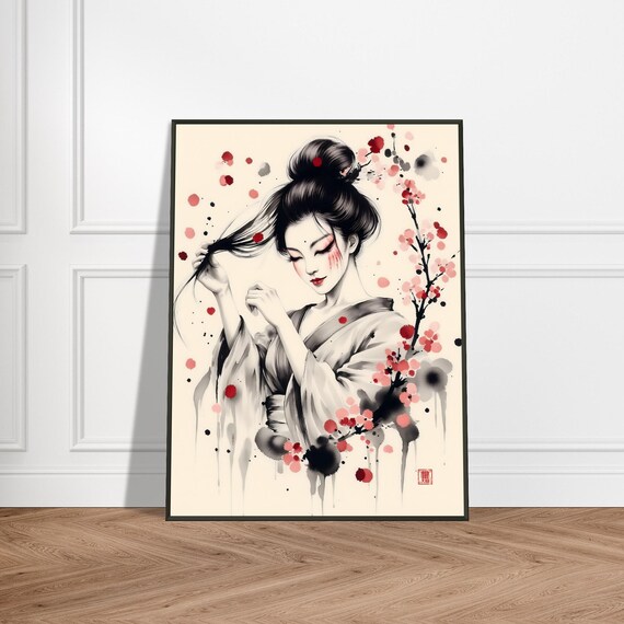 Elegant Geisha Cherry Blossom Japanese Ink Watercolor Beauty Poster