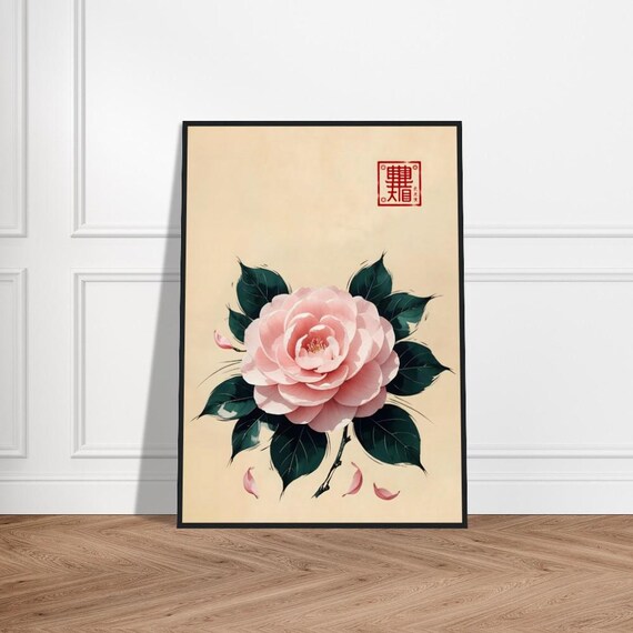 Japanese Camellia Watercolor Art Pink Floral Print With Red Kanji Seal Minimalist Botanical Wall Decor For Elegance And Serenity