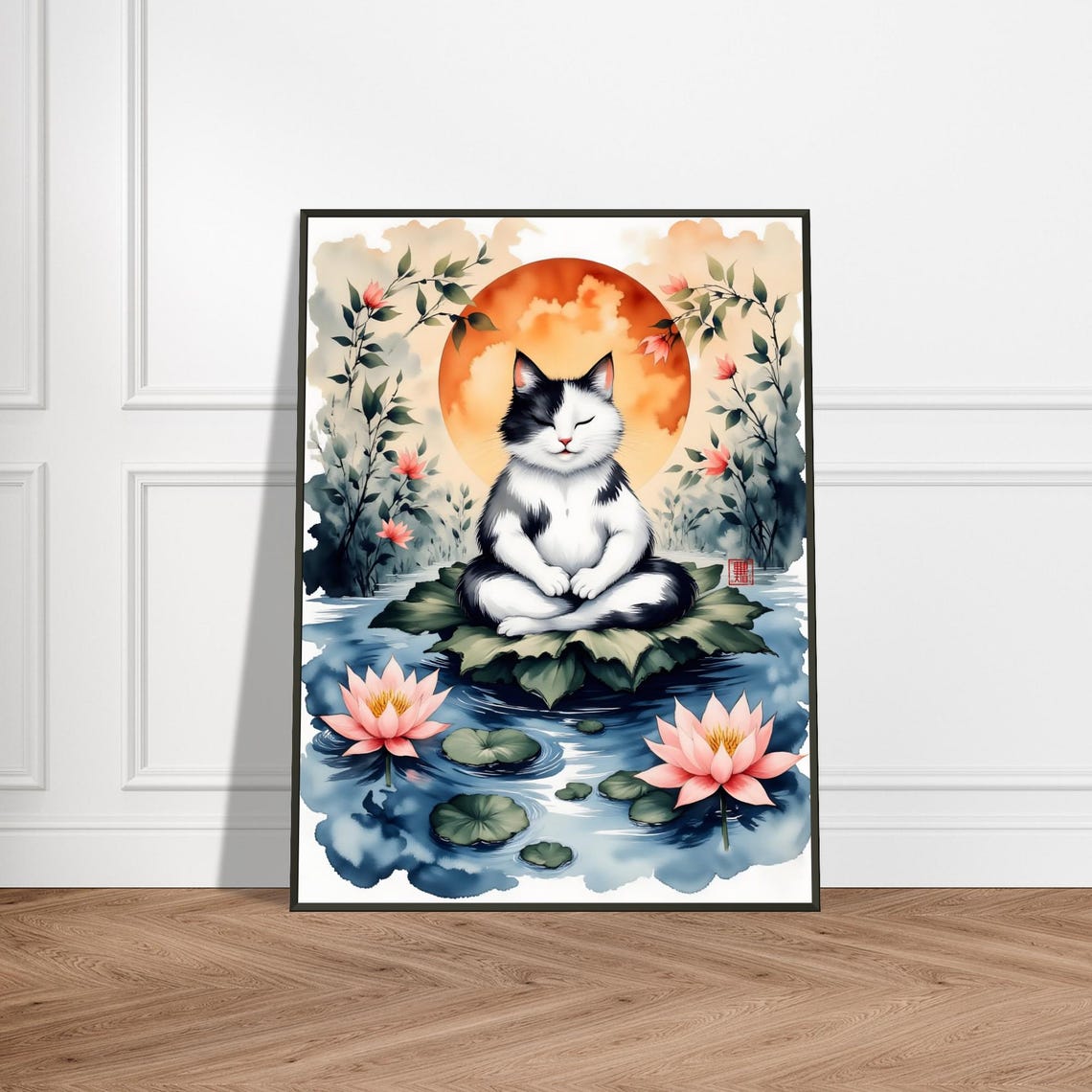 Meditating Cat On Lotus Leaf Pink Blooms Japanese Art Poster