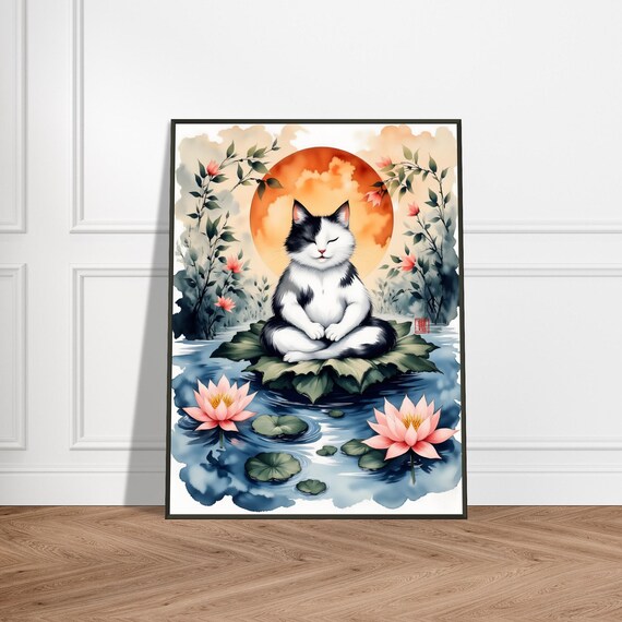 Meditating Cat On Lotus Leaf Pink Blooms Japanese Art Poster