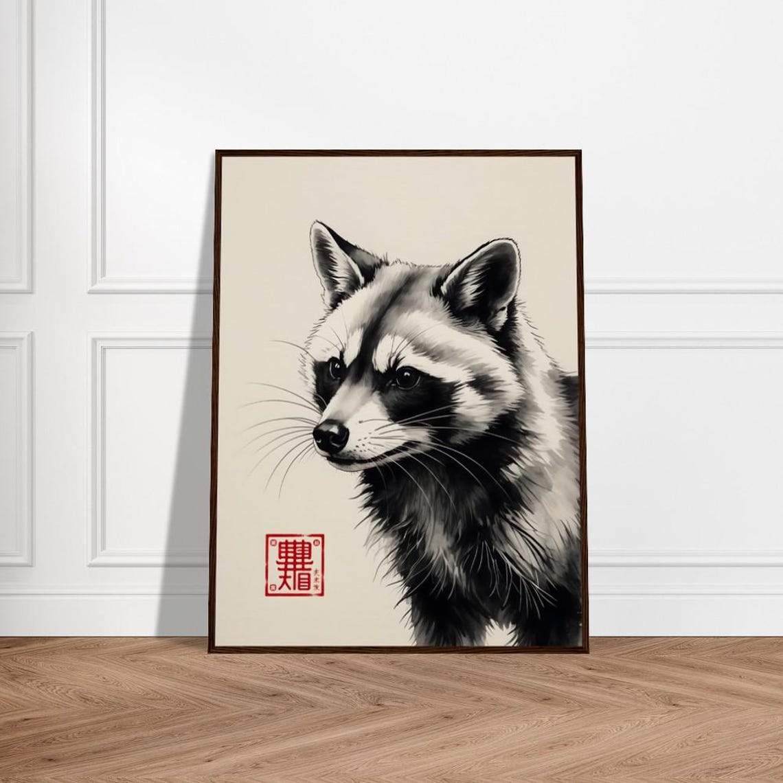 Expressive Raccoon Portrait Japanese Sumi E Ink Brush Art Poster