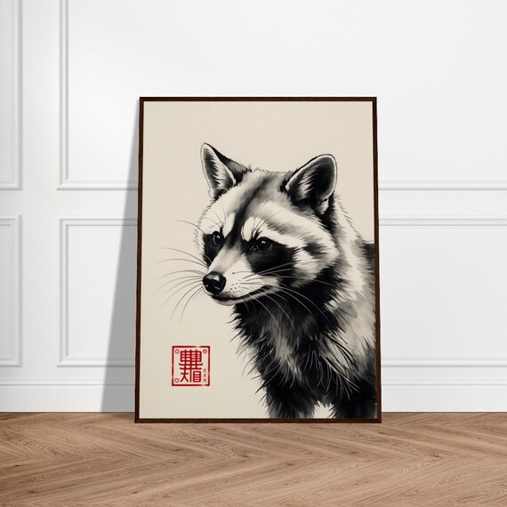 Expressive Raccoon Portrait Japanese Sumi E Ink Brush Art Poster