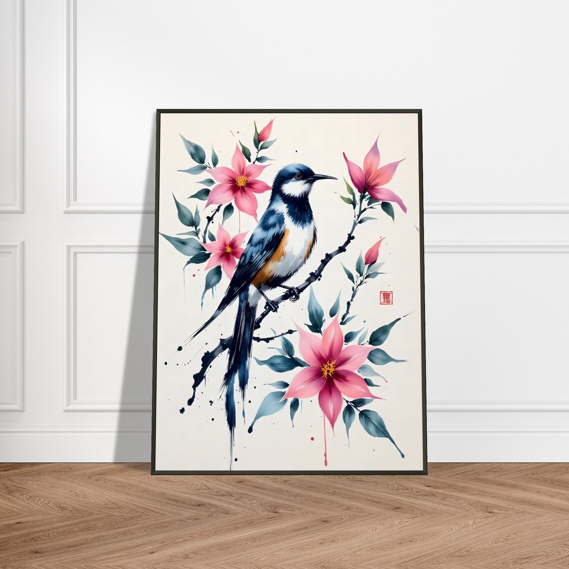 Songbird Perched on Blossoming Branch Japanese Watercolor Poster