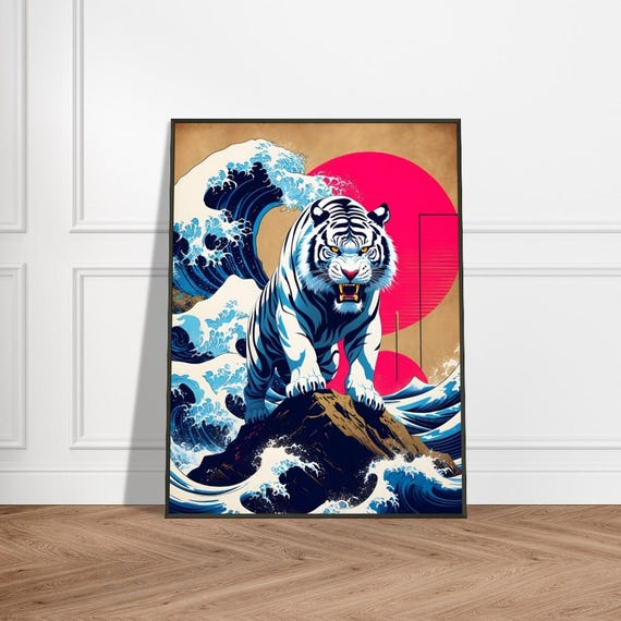 White Tiger Roaring Amid Ocean Waves Japaneseinspired Metal Framed Art Print Vibrant Red Sun Dynamic Surf And Bold Ukiyoe Design