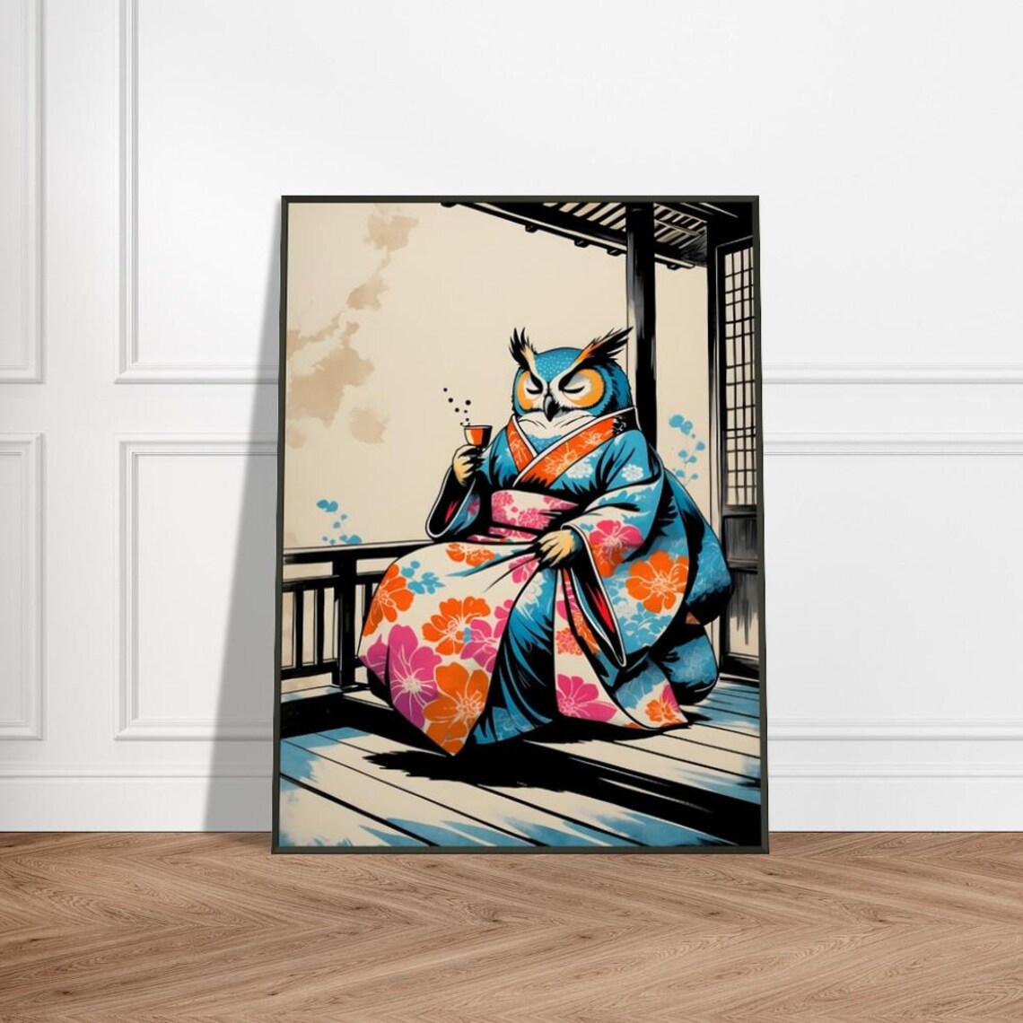 Owl in Kimono Drinking Tea Japanese Inspired Ink Illustration Poster