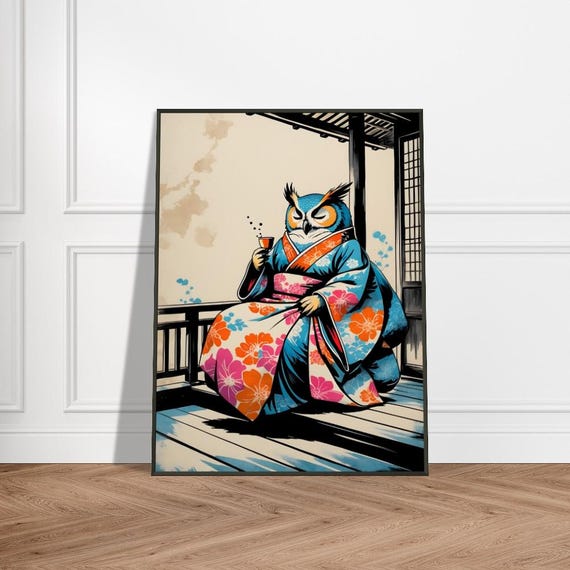 Owl In Kimono Wall Art With Metal Frame Japaneseinspired Ink Illustration Floral Design Tranquil Tea House Scene